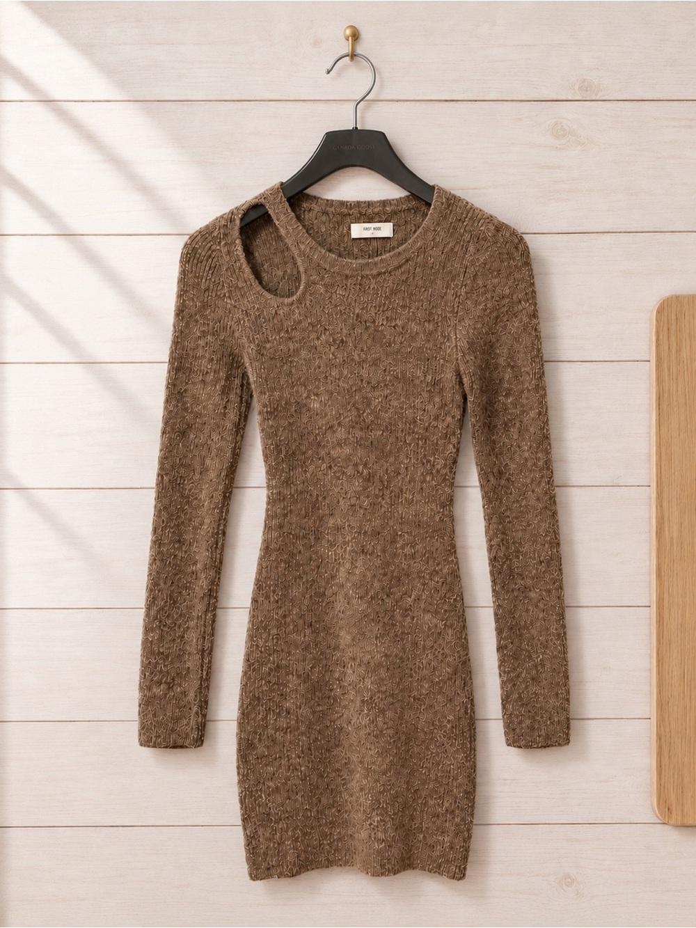 First Muse Textured Brown Long-Sleeve Cutout Sweater Dress
